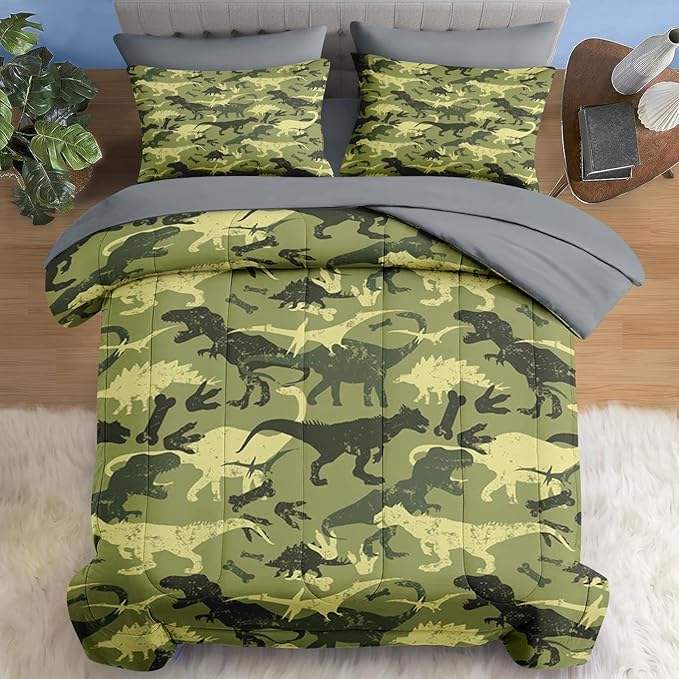 Comforter Set Queen Size, Camouflage Dino Dinosaur 7 Pcs Bedding for Kids and Adults, Cute Funny Green Bed Sheet Sets with Fitted Sheet 2 Pillowcases & 2 Shams for Bedroom Bed Decor