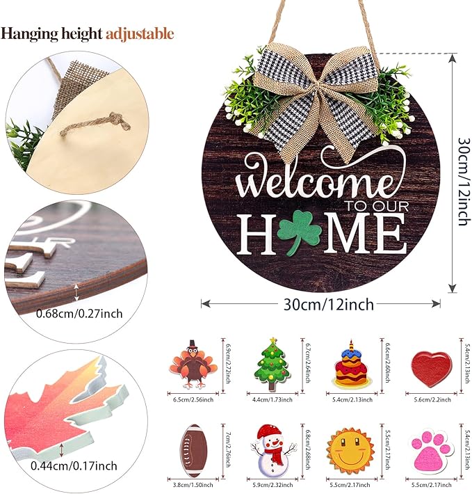 Interchangeable Seasonal Welcome Sign Front Door Decorations, Round Wood Wreath for Outdoor, Farmhouse, Porch Perfect for New Home Housewarming Gift, Valentine's, Easter, Christmas Home Decor
