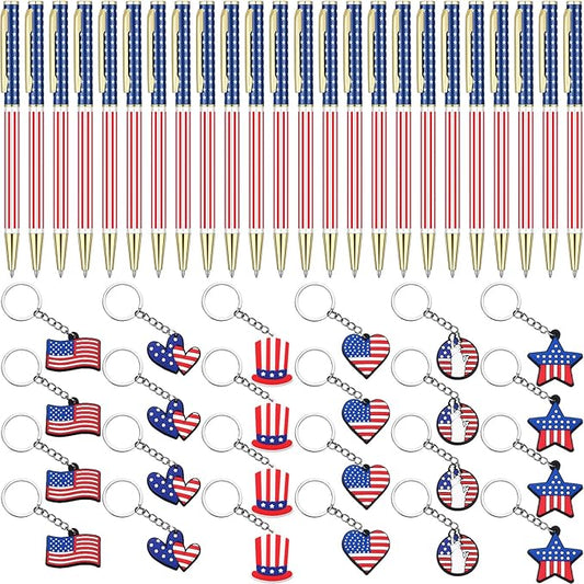 48 Pcs Independence Day Metal Ballpoint Pens American Flag Keychain Set Gold Retractable Patriotic Pens USA Flag Key Chains Office Patriotic 4th of July Party Favors for Veterans Day