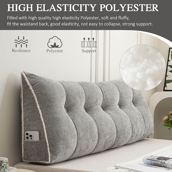 Headboard Pillow Twin, Chenille Triangular Wedge Pillow Headboard Twin Size, Reading Setting Backrest Daybed Pillows for Bed Sofa with Removable Coverr, Grey