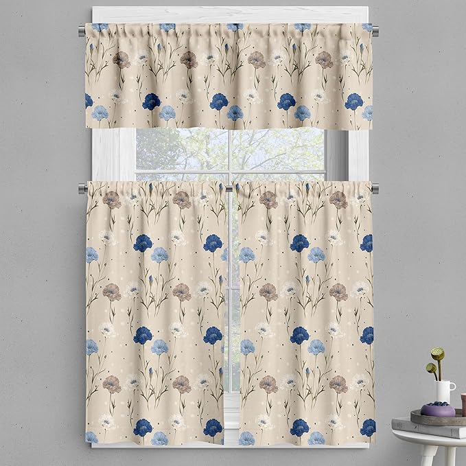 Ambesonne Floral Valance & Tier Curtain 3 pcs Set, Vintage Delicate Cottagecore Flowers in Pastel Tones and Plain Back, Window Treatments for Kitchen Room Decor, 55" x 24", Beige Night Blue Dark Tan