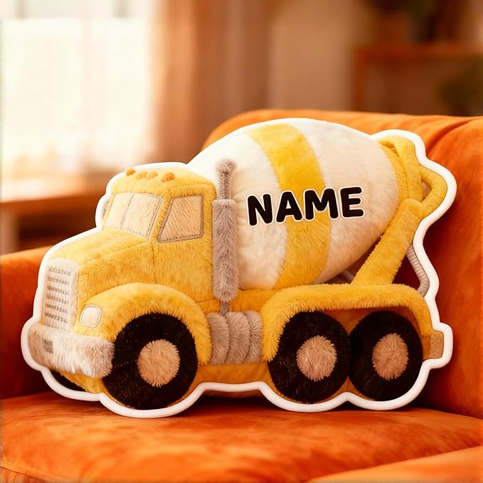 Personalized Concrete mixer truck Shaped Pillow, Custom Name Plush Stuffed Pillows, Suitable for Beds, Sofas, Bedrooms, Living Rooms Custom Decorative Cushion Gifts for Birthday and Anniversary