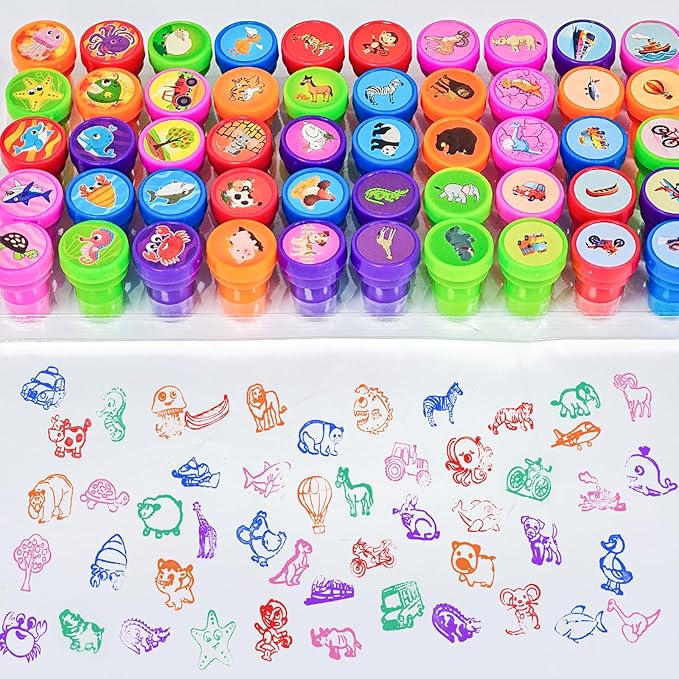 Cinrobiye 50 PCS Stampers for Kids ,Animal Car Fun Theme Self-Inking Stamp Set for Party Favors Classroom Rewards DIY Crafts Goodie Bag Fillers Birthday Gifts Spring Summer Supplies