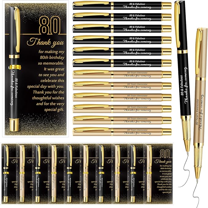 30 Set 80th Birthday Party Favor for Guest Anniversary Party Favor with Black and Gold Ballpoint Pens and Thank You Cards for Women Men Birthday Anniversary Appreciation Gifts