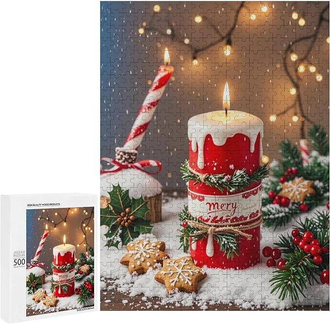 Jigsaw Puzzles for Adults 500 Piece - Merry Christmas，Christmas Candles Wooden Puzzle，Stress Relief Games，Funny Puzzle，Unique Gifts for Wall Art ，Family Puzzles，Educational Games，Challenge Puzzles