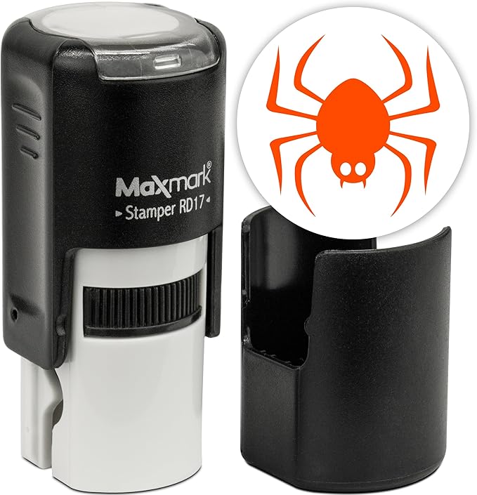 MaxMark Round Self Inking Halloween Stamp - Spider - Orange Ink