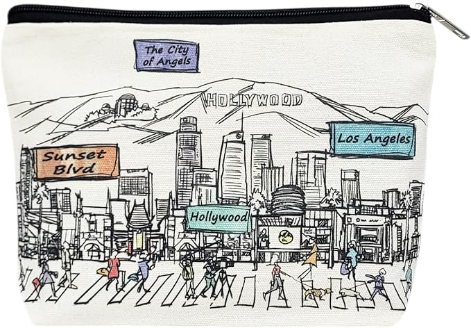 Cities Around the World Artwork Cosmetic Bag Series – Designed in USA, Travel Makeup Bag with Zipper, Souvenir Gift for Women, Artwork Organizer for Purse or Toiletry (Los Angeles)