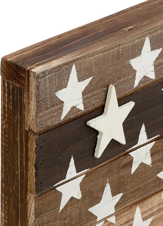 Deco 79 Wood American Flag Handmade Home Wall Decor Washed Wall Sculpture with Slatted Panels and Cream Stars, Wall Art 44" x 2" x 30", Brown