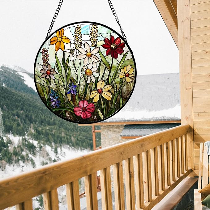 Stained Glass Window Hanging, Colorful Wildflowers Plant Scenery Suncatcher for Doors Window Home White Green Sun Catchers Decor Mother's Day Birthday Gifts for Women, Men Mom 11.8 in