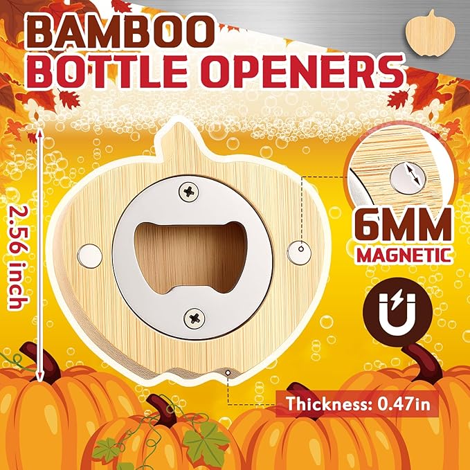Vesici 12 Pcs Bamboo Pumpkin Shape Magnetic Bottle Opener 2.5in DIY Bamboo Beer Openers Wooden Fridge Magnet Refrigerator Sticker Gift for Thanksgiving Christmas Beer Lover Wedding Guest Kitchens Bars