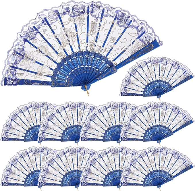 QIRMIZI 10 Pcs Rose Lace Folding Fans,Silk Folding Hand Fans, Perfect for Weddings, Parties, and Dancing,Royal Blue
