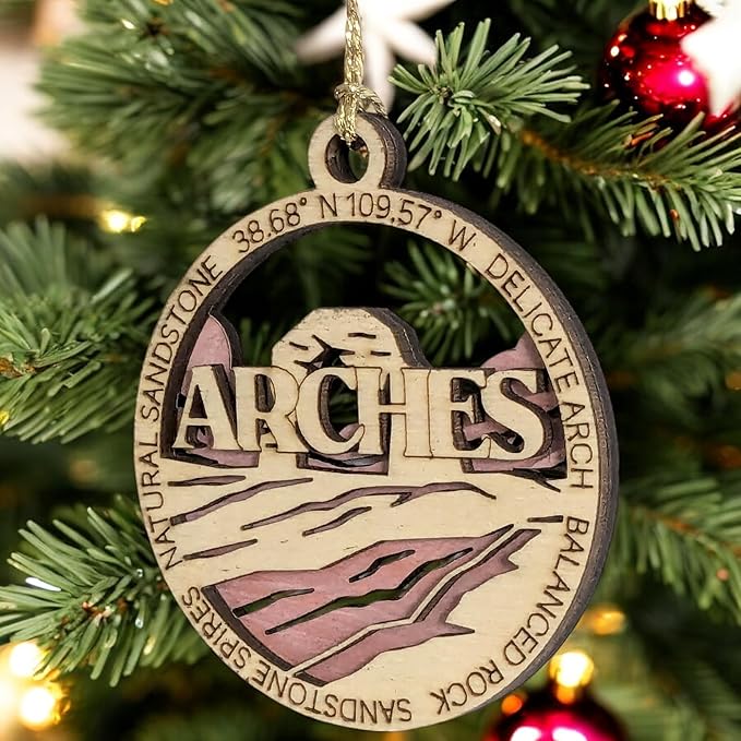 Arches National Park Christmas Ornament - 3" Handcrafted Wood, Laser Cut 2-Layer Design with Color Scene - Utah Gift, Made in USA
