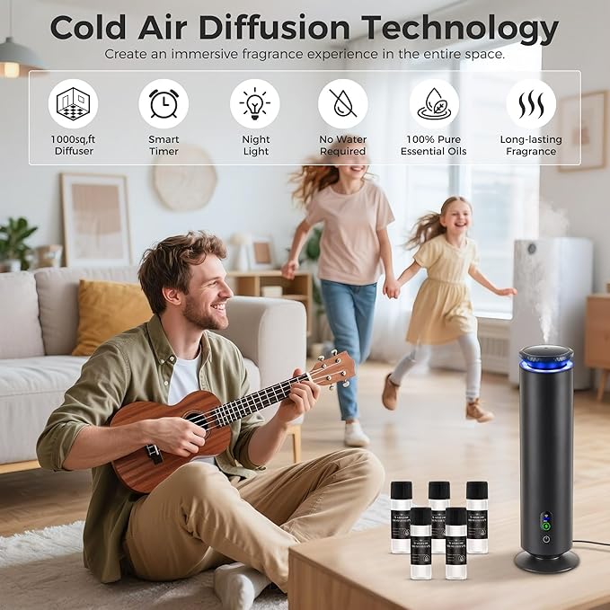 Hotel Scent Diffuser Starter Kit - 1000 Square Feet, 7 Ambient Light Settings, Includes 5 Essential Oils for Hotel Aromatherapy, Hotel Scent Diffuser,for Hotels, Homes, and Large Rooms, Black