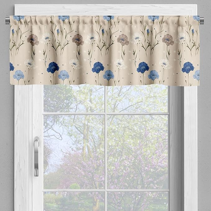 Ambesonne Garden Window Valance Pack of 2, Floral Melancholy Blooming Poppy Flowers with Leaves on Dotted Back, Rod Pocket Curtain Valances for Kitchen Bedroom, 42" X 18", Beige Night Blue Dark Tan
