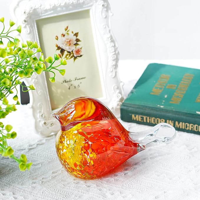 QFkris 7inch Blown Glass Bird Figurine Collectibles Handcrafted Bird Paper Weight Glass Art Animal Sculpture Home Decoration Tabletop Centerpiece