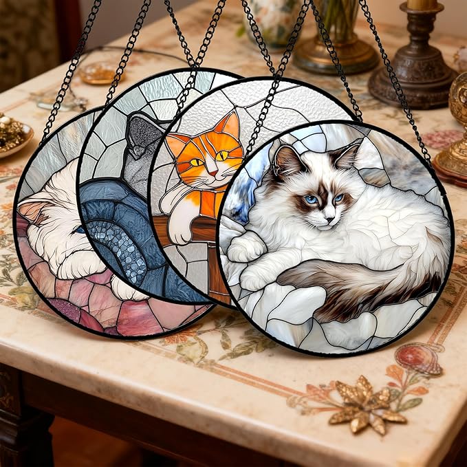 Stained Glass Window Hanging 4 Pcs Set Cute Cat 9.8" - Suncatcher Door Garden Sun Catcher Decor Birthday Mother's Day Christmas Comfort Gifts for Lost Pet Woman Nana Mom Men Friend