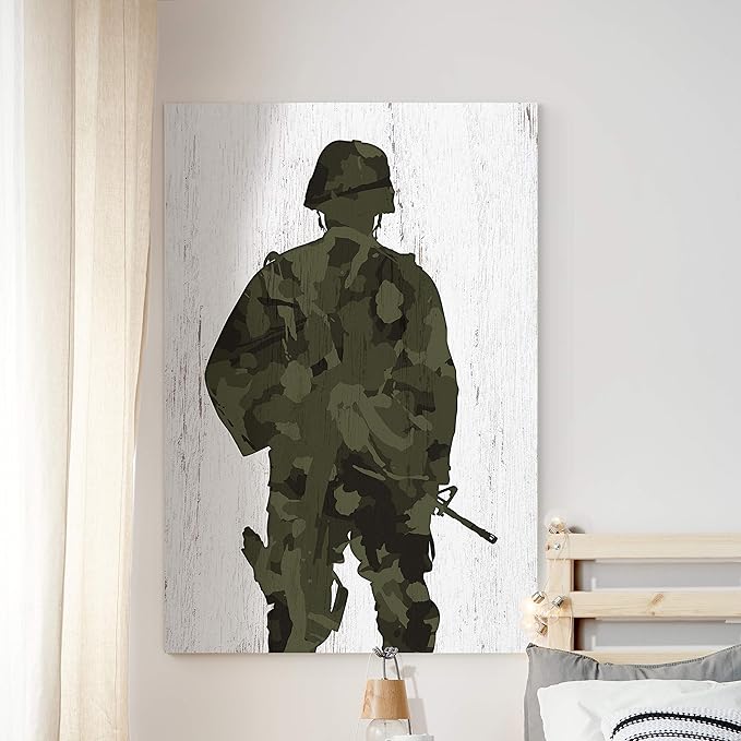 Renditions Gallery Canvas Figurative Wall Art Modern Paintings Decorations Military Soldier Silhouette Abstract Green Black American Patriotic Artwork for Bedroom Office Kitchen - 16"x20" LT25