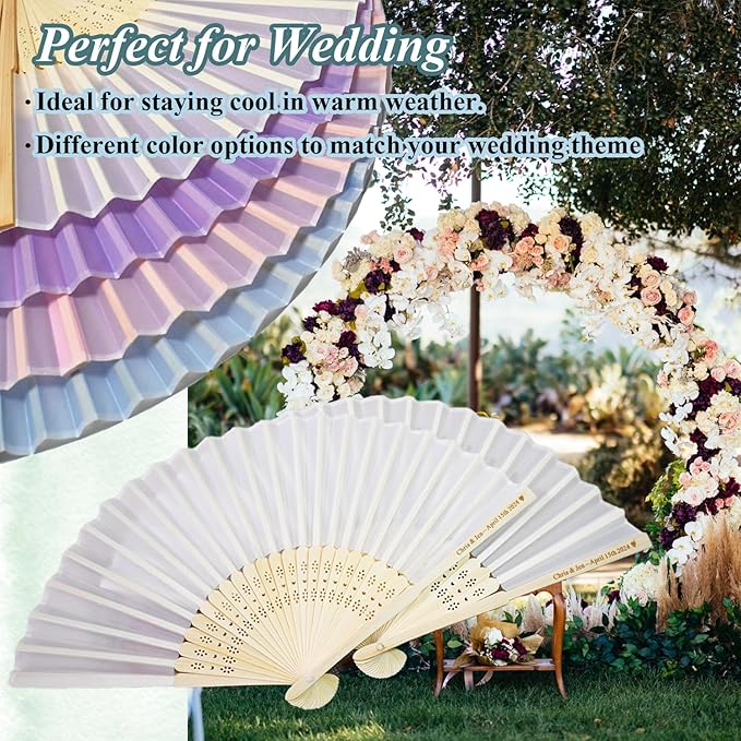 Personalized 25 Pack White Folding Fans, Custom Wedding Fans for Guests, Silk Fabric Bamboo Folded Hand Fan Bridal Dancing Props Church Wedding Gift Party Favors Birthday Party Supplies