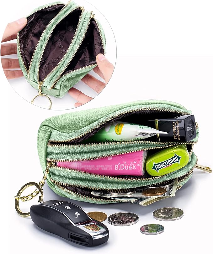 LINNO 3 Zippered Genuine Leather Coin Purse Triple Capacity Change Pouch Little Travel Wallet With Key Ring for Women