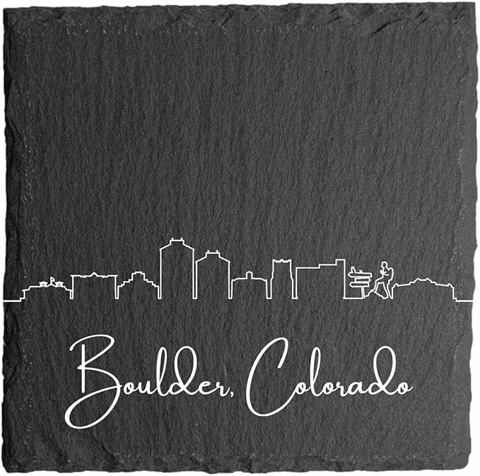 Blue Ridge Mountain Gifts - Boulder CO Skyline Coasters, Set of 4 - Boulder Colorado Souvenir, Slate Coasters with Minimalist Skyline, Housewarming Gift for Friends, Family, & Neighbors