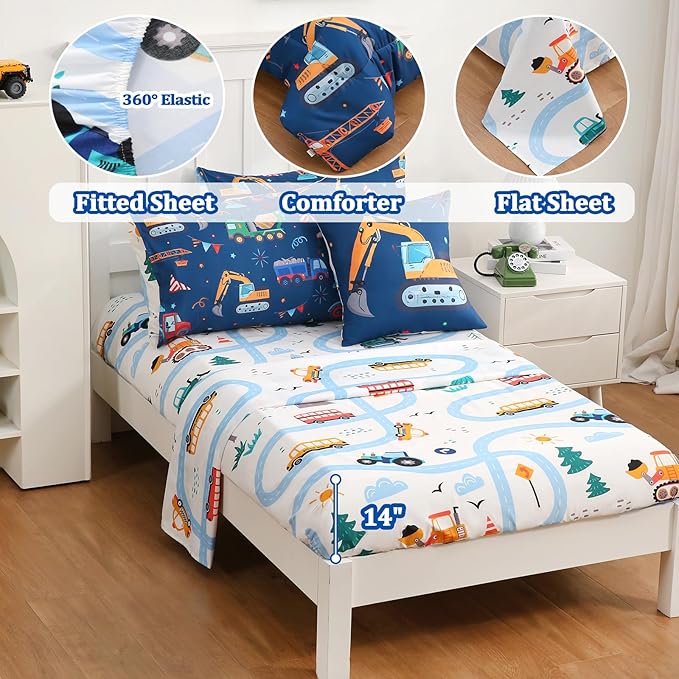 6 Pcs Bed in A Bag Twin Comforter Set for Boys,Construction Excavator Comforter,Truck Bedding Sets with Sheets for Kids