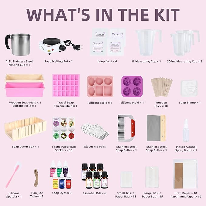 Yosamio Deluxe Soap Making Kit with Exclusive Stamp & Removable Melter–40+Pcs DIY Supplies for Adults, Easy-Clean Pot, Shea Butter & Clear Bases, Essential Oils, Molds, Dyes. Full Set for Beginners
