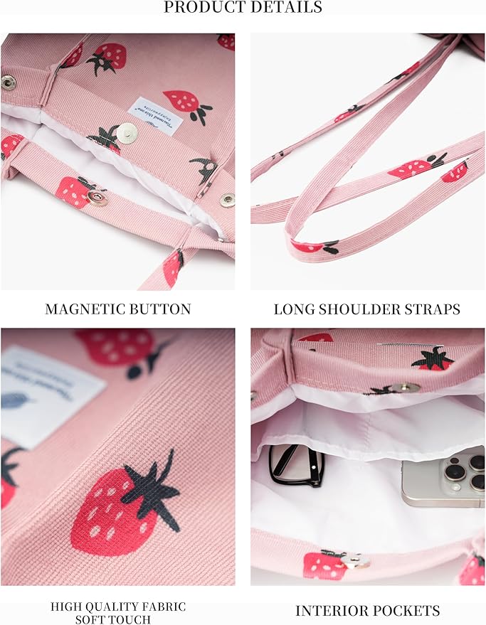 Corduroy Tote Bag Cute Tote Bags for Women Shoulder Bag with Inner Pocket for Work Beach Travel and Shopping Grocery