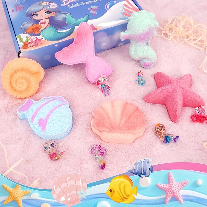 Mermaid Bath Bombs for Girls Kids with Surprise Inside, 6PCS Organic Essential Oil Bubble Bath Bombs for Kids，Christmas Birthday Gift for 3-8 Mermaid Princess Party Favors