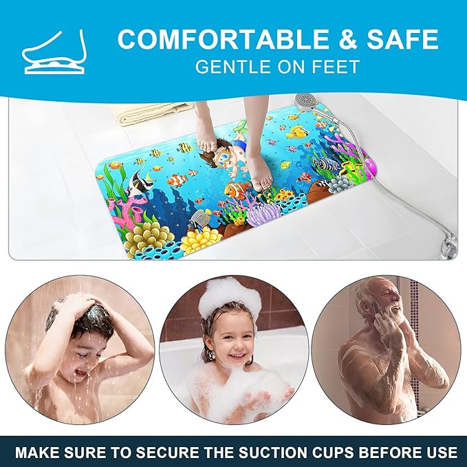 XIYUNTE Baby Bath Mat for Tub Non Slip Kids Bath Mat - 40''x16'' Extra Long Cartoon Bathtub Mat Non Slip Kids Shower Mat Eco-Friendly Toddler Bath Mats with Suction Cups, Machine Washable