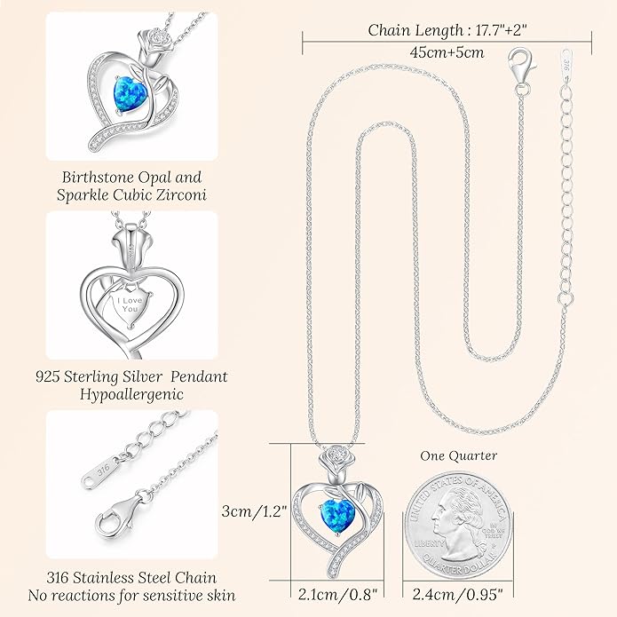 LOUISA SECRET Rose Flower Heart Birthstone Necklaces for Women, 925 Sterling Silver Fine Jewelry, Pendant Heart Necklaces Birthday Anniversary Christmas Gift for Women Wife Mom Girlfriend Lady