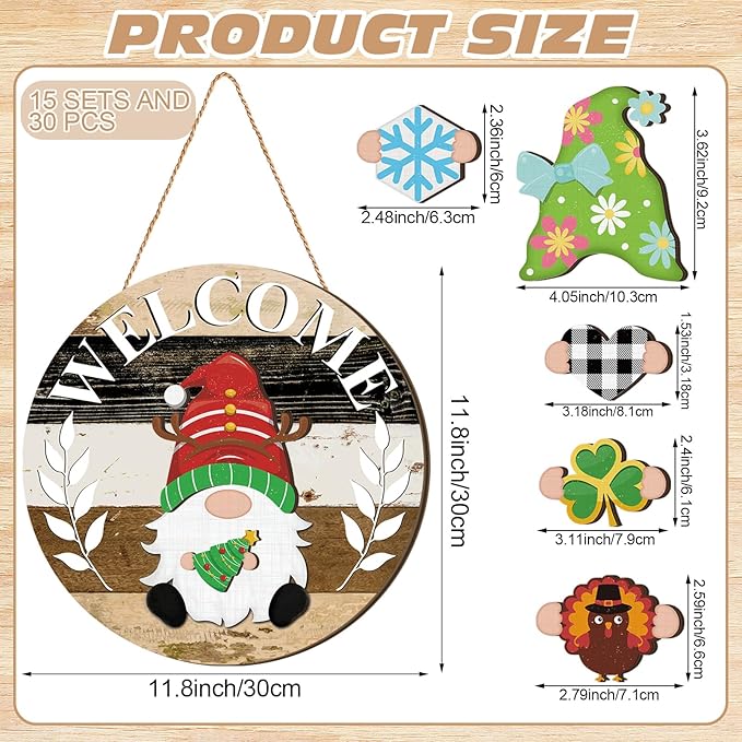 Qunclay Interchangeable Wooden Gnome Decor Holiday Seasonal Gnome Decorations with Magnet Pieces and Detachable Hats Changeable Welcome Sign for Home(Black White Grey)