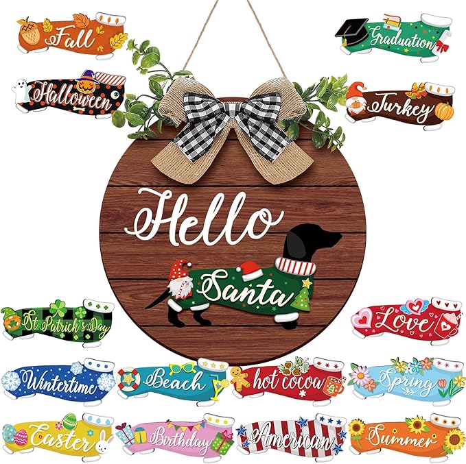 Glenmal 16 Pcs Seasonal Dachshund Door Decor for All Season and Holiday Hanging Cute Christmas Dachshund Welcome Sign Rustic Wooden Farmhouse Front Door Signs Outdoor(Dark Wood Grain)