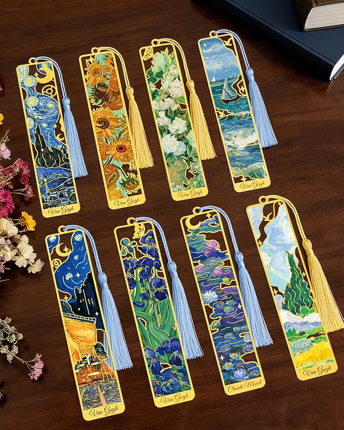8 Pieces Metal Bookmarks with Tassel, Golden Hollow Bookmark Van Gogh Monet Oil Painting Theme Book Mark for Book Lovers Writers Readers Children Teens Men Women Adults