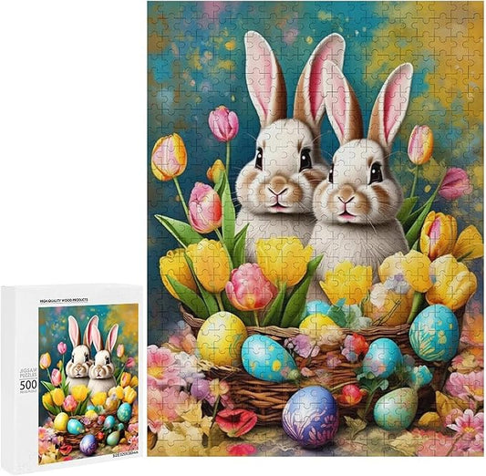 Wooden Puzzle - Easter Tulips Bunny Jigsaw Puzzles，Wooden Puzzles for Adults 500 Pieces Unique Gifts for Wall Art，Challenge Puzzles，Educational Games，Family Puzzles