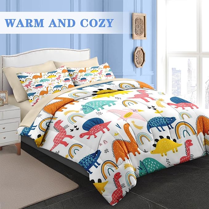 Comforter Set Queen Size, Wildlife Baby Dino 7 Pcs Bedding for Kids and Adults, Dinosaur Nursery Rainbow Bed Sheet Sets with Fitted Sheet 2 Pillowcases & 2 Shams for Bedroom Bed Decor
