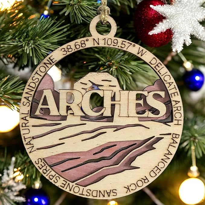 Arches National Park Christmas Ornament - 3" Handcrafted Wood, Laser Cut 2-Layer Design with Color Scene - Utah Gift, Made in USA