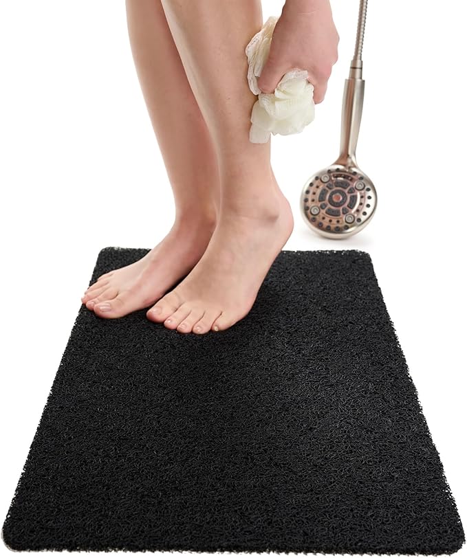 ENKOSI Loofah Non-Slip Shower and Bath Mat - Soft Cushioned Comfort - No Suction Cups for Smooth or Textured Tubs - Fast Draining - Safety for Bathroom, Family, Kids, and Elderly (24x16 Black)