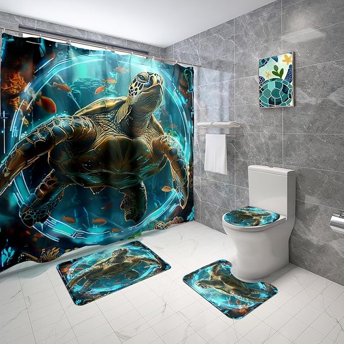 Turtle Shower Curtain - 4 Pcs Sea Turtle Shower Curtains for Bathroom Ocean Shower Curtains for Bathroom Coastal Shower Curtain Sea Themed Shower Curtain Sets with Shower Curtain and Rugs
