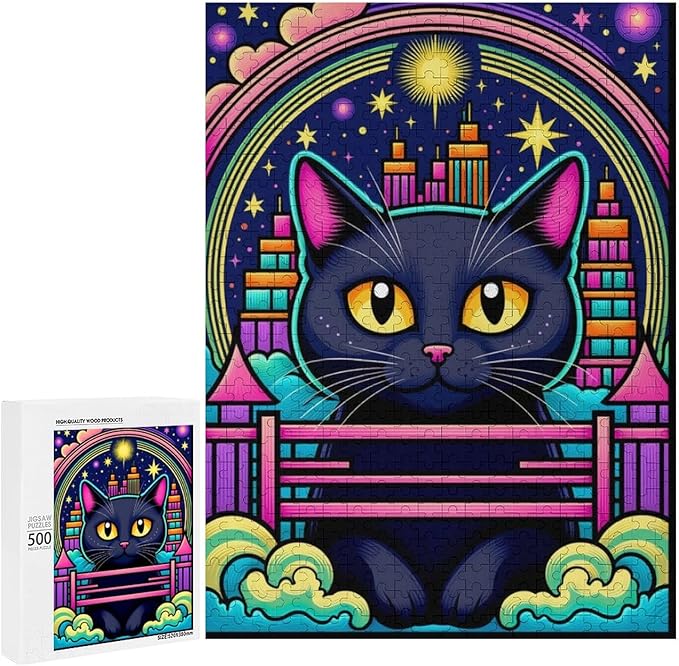 Wooden Puzzle - Dreamy Starry Night Cat Jigsaw Puzzles，Wooden Puzzles for Adults 500 Pieces Challenge Puzzles，Educational Games，Family Puzzles，Unique Gifts for Wall Art