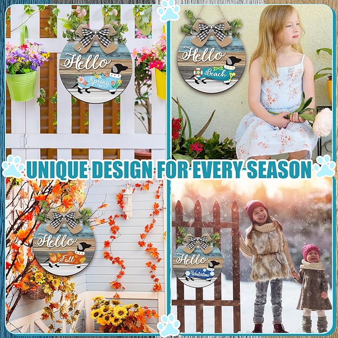 Glenmal 16 Pcs Seasonal Dachshund Door Decor for All Season and Holiday Hanging Cute Christmas Dachshund Welcome Sign Rustic Wooden Farmhouse Front Door Signs Outdoor(Vintage Wood Grain)