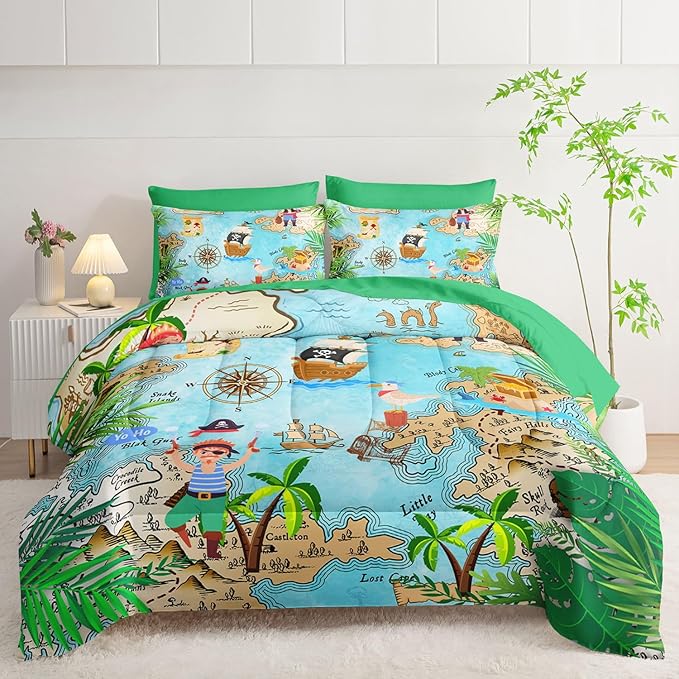7Pcs Comforter Set Pirate Ship Printed Bedding Set with 1 Comforter, 1 Flat Sheet, 1 Fitted Sheet and 4 Pillowcases for Boys and Girls Bedroom All Season(Pirate Ship Twin)