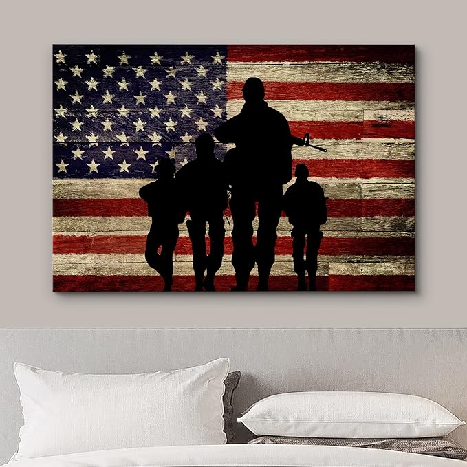 wall26 Canvas Print Wall Art Silhouette of American Soldiers with Flag on Wood Pop Culture Cultural Digital Art Modern Art Traditional Colorful for Living Room, Bedroom, Office - 24"x36"