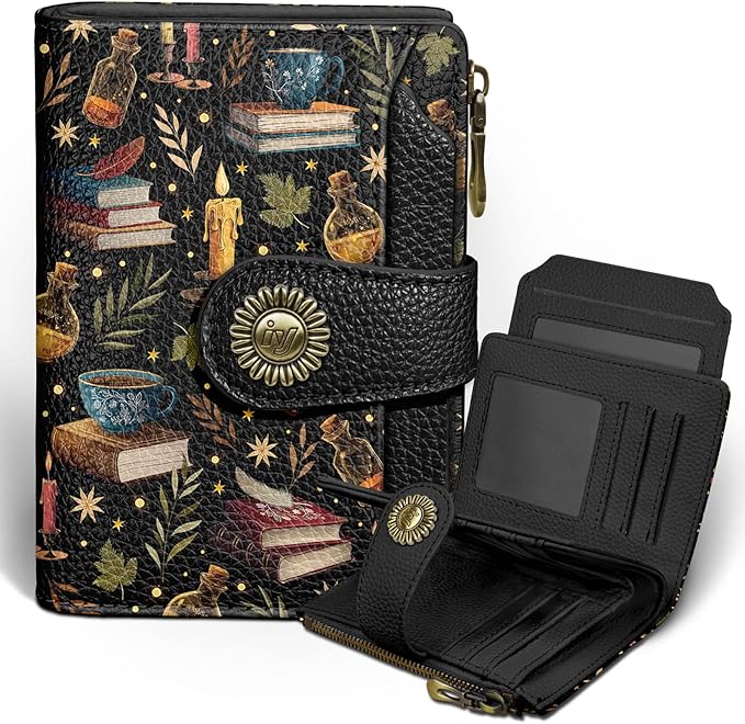 Book Witchy Wallet Women Small RFID Blocking Bifold, Credit Card Holder, Zipper Coin Pocket, PU Leather, Compact, Travel, 4 ID Window, 14 Card Slots, Cash Purse, Ladies Woman Female Girls