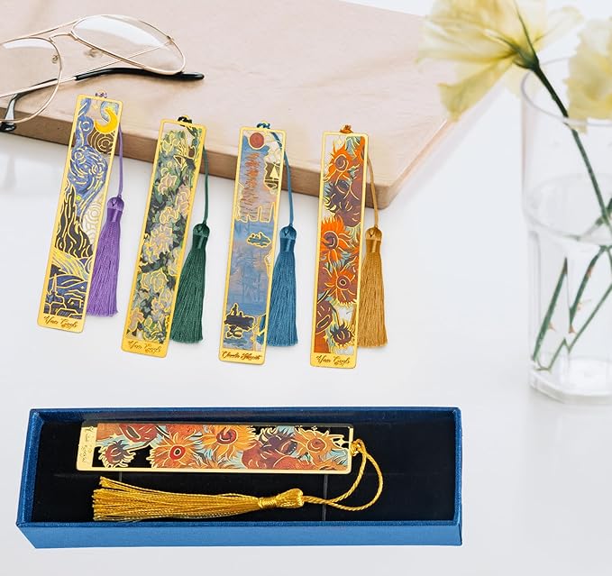 4pcs Elegant Metal Bookmarks with Tassel, Oil Painting Theme Vintage Bookmarks mit Gift Box,Golden Hollow,Fancy Aesthetic Page Holder Thank You Gifts for Teacher Readers Women Men Friends