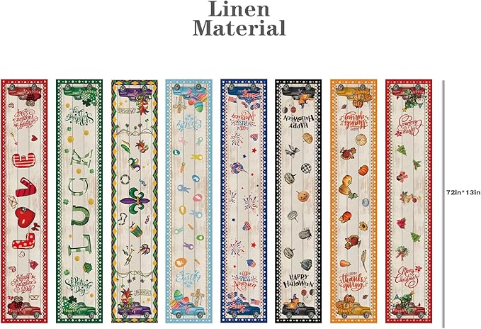 8 Pcs Truck Holiday Table Runner 72 Inches Long, Plaid Valentines Day St Patricks Day Mardi Gras Easter 4th of July Halloween Thanksgiving Day Christmas Burlap Table Decor for Home Party