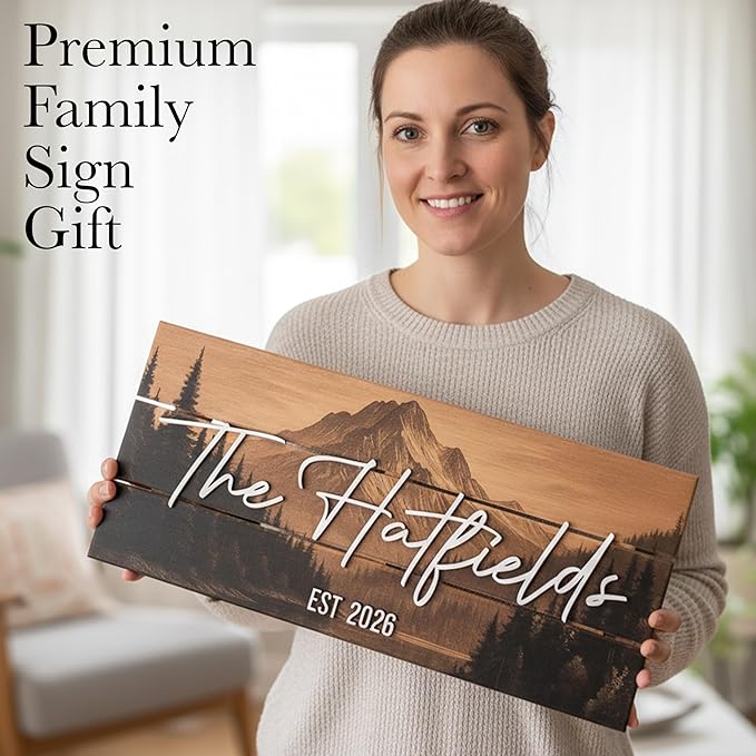 Custom Mountain Family Name Sign - Rustic Wood Wall Decor, Personalized Wedding & Gift for Couples Anniversary, Housewarming Gift for New Home (Medium)