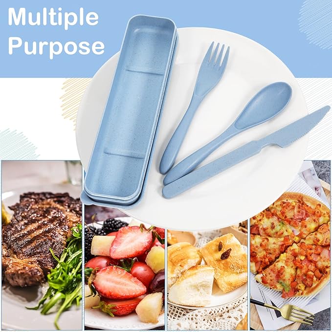 Yahenda 28 Sets Reusable Travel Utensils Set with Case Wheat Straw Cutlery Portable Spoon Knife Forks Plastic Tableware Lunch Box Accessories Bulk for Adult Travel Picnic Camping Utensil(Pastel Color)