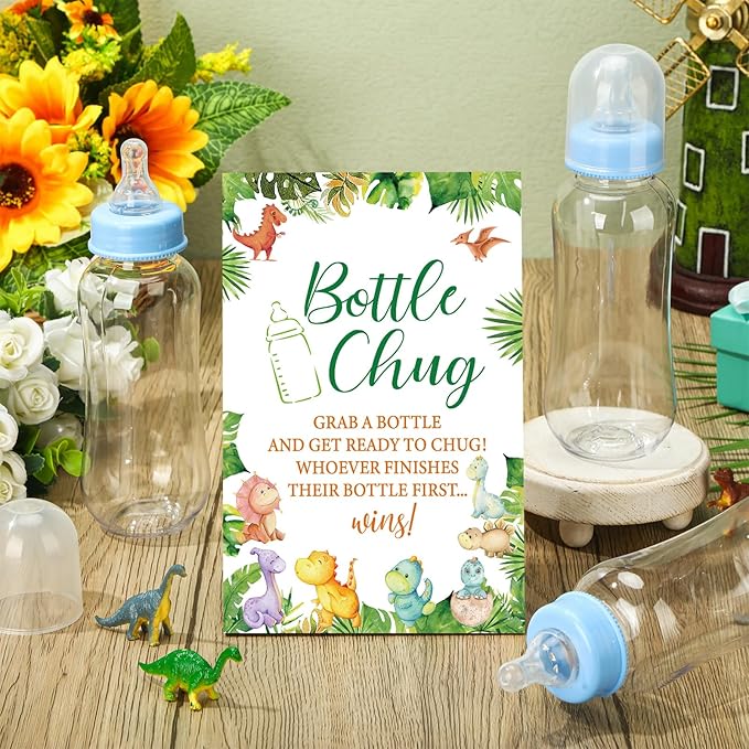 TrelaCo Dinosaur Cool Baby Shower Games Bottle Chug Sign Wooden Green Leaf Gift Sets Gender Reveal Party Supplies and 12 Pcs Baby Bottle Shower Favor for Game Gender Reveal
