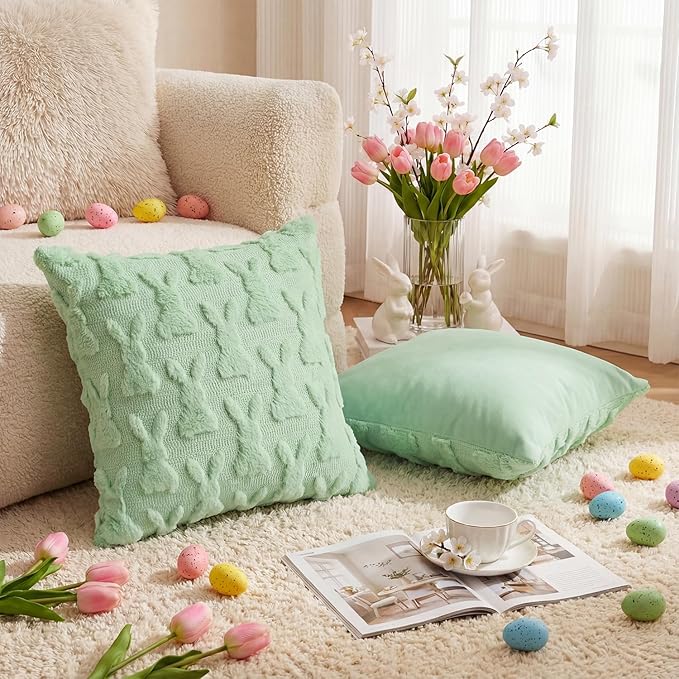 AVOIN colorlife Easter Rabbits Green Throw Pillow Covers, 16 x 16 Inch Bunny Soft Plush Faux Fur Jacquard Cushion Case Decoration for Sofa Couch Set of 2