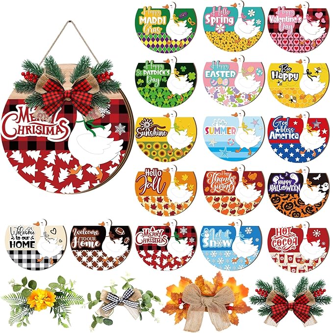 Vicenpal 22 Pcs Interchangeable Welcome Sign for Front Door with 17 Magnetic Icon Wooden Seasonal Front Porch Door Decor with 4 Seasonal Wreath for Holiday Halloween Christmas Gift (Light Brown,Goose)